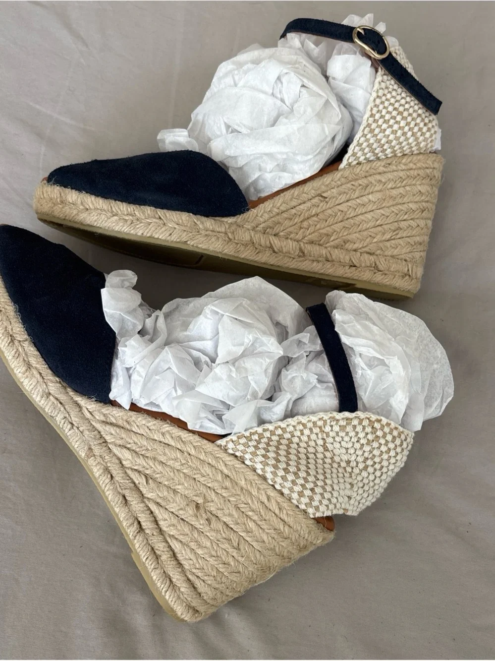 Navy Blue Espadrille Wedge Sandals with Ankle Strap